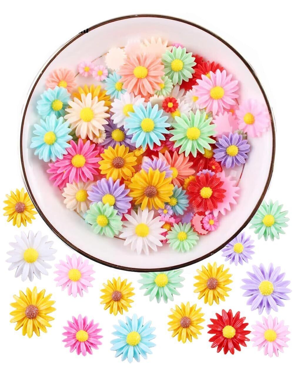 6394 100 Pieces Assorted 5 Sizes Daisy Flower Resin Charms Plastic Beads